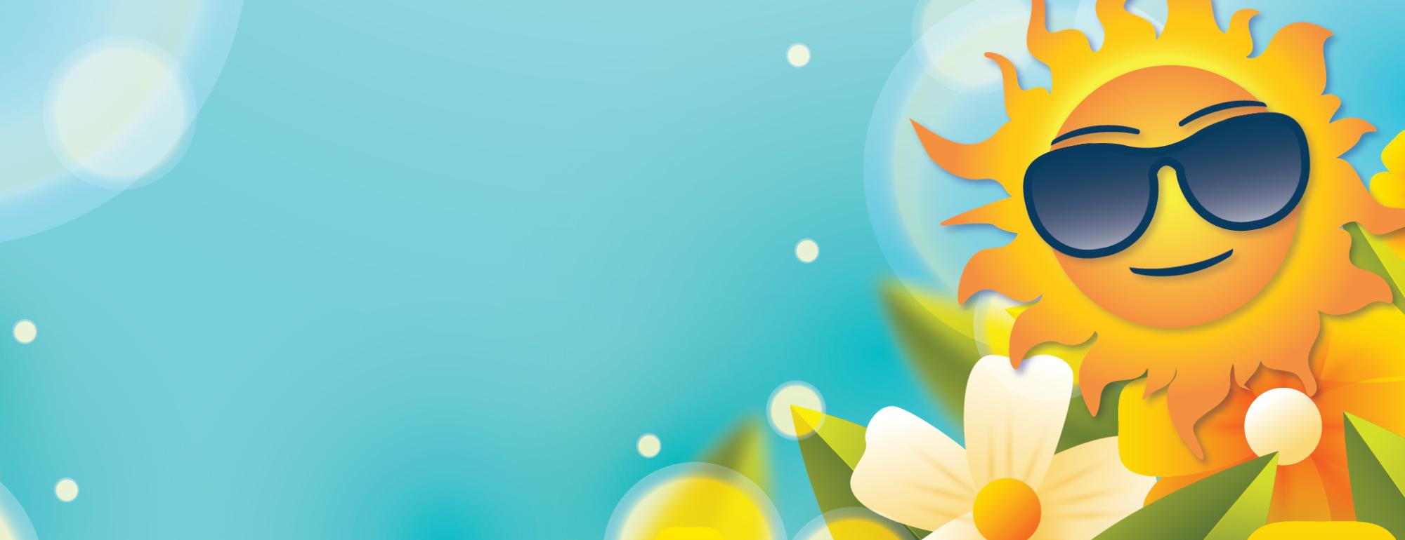 Spring themed banner with a sun wearing sunglasses 