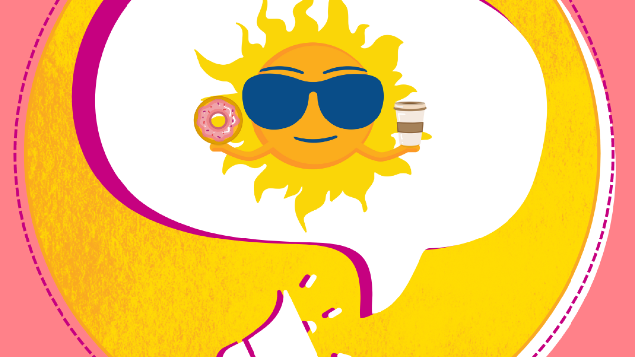 Sunny Mascot holding coffee and a pink donut