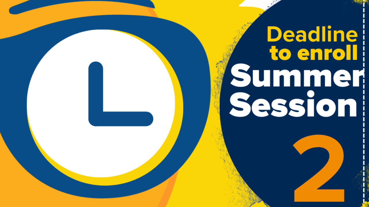 A bright yellow and blue graphic with a clock face inside a stylized sunglasses frame on the left. On the right, bold text reads: "Deadline to enroll Summer Session 2" with "Deadline" and "2" in yellow, "to enroll" in blue, and "Summer Session" in white. The Instagram handle @ucdavissummersessions is in purple at the bottom.