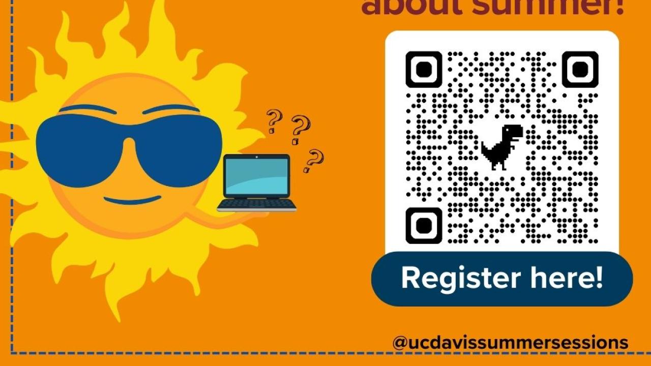 Sun character holding a laptop with question marks above it. Flyer for Hot Tips: Summer Workshop