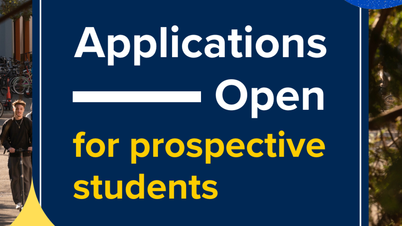 Graphic with text announcing open applications for prospective students, featuring a floral design.