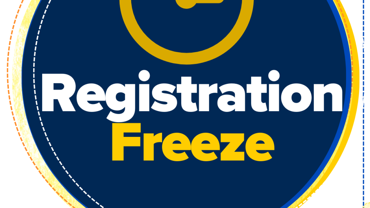 A circular graphic with a dark blue background featuring a yellow clock icon at the top. Below the clock, the words "Registration Freeze" are prominently displayed, with "Registration" in white and "Freeze" in bold yellow. The bottom left corner has the Instagram handle "@ucdavissummersessions" in purple text.