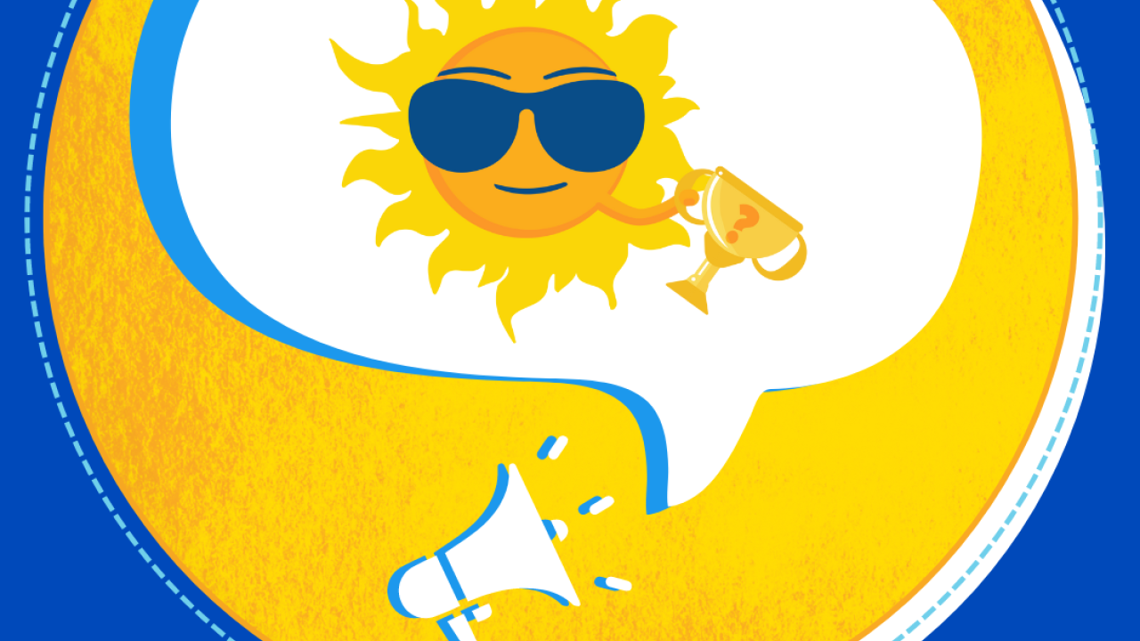 Sunny mascot holding a trivia trophy