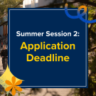 Text graphic announcing "Summer Session 2: Application Deadline" with a background of trees.