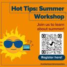 Sun character holding a laptop with question marks above it. Flyer for Hot Tips: Summer Workshop 
