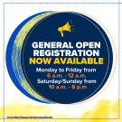 A promotional graphic for UC Davis Summer Sessions announces that general open registration is now available. The design features a circular dark blue background with a yellow megaphone icon at the top. The main text reads: "general open registration" with "now available" highlighted in yellow. Below it, the hours of operation are listed: "Monday to Friday from 6 a.m. - 12 a.m." and "Saturday/Sunday from 10 a.m. - 6 p.m." The graphic also includes artistic yellow and blue design elements on the left and bot